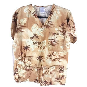 Scrubs Women's Scrub Top Size Medium Vintage Brown Tan Palm Trees